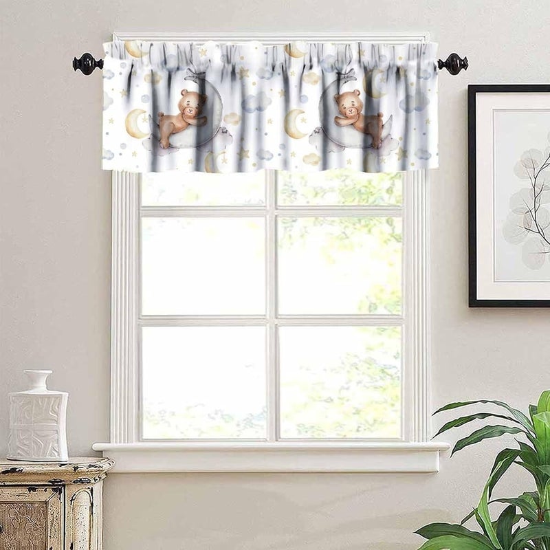 JanJCurt Cartoon Bear Window Valance, Cute Teddy Bear Sleeps Watercolor Moon Stars Print Blackout Short Window Curtain for Kitchen Baby Bedroom Nursery Living Room, 54x18inch - Image 2